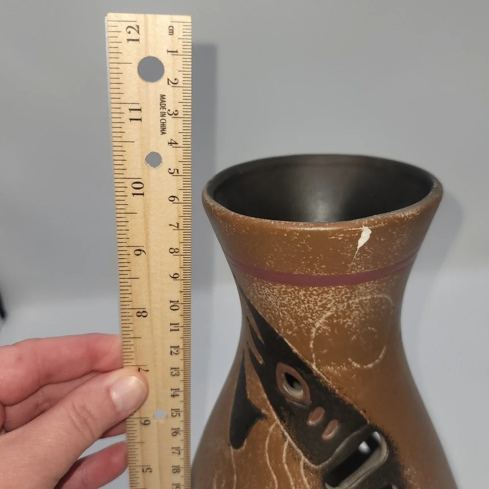 Southwestern Cut Out Terracotta Vase Hand Painted Tribal Brown Ceramic 7.5 Inch